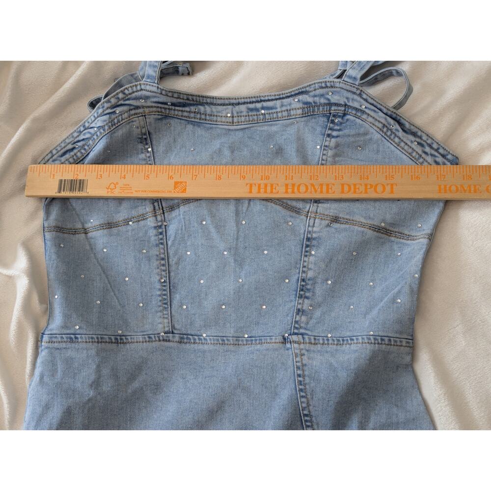 NWT Bebe Denim Embellished Rhinestone Western Mini Dress Tie Up Split Hem Sz M - Picture 8 of 9